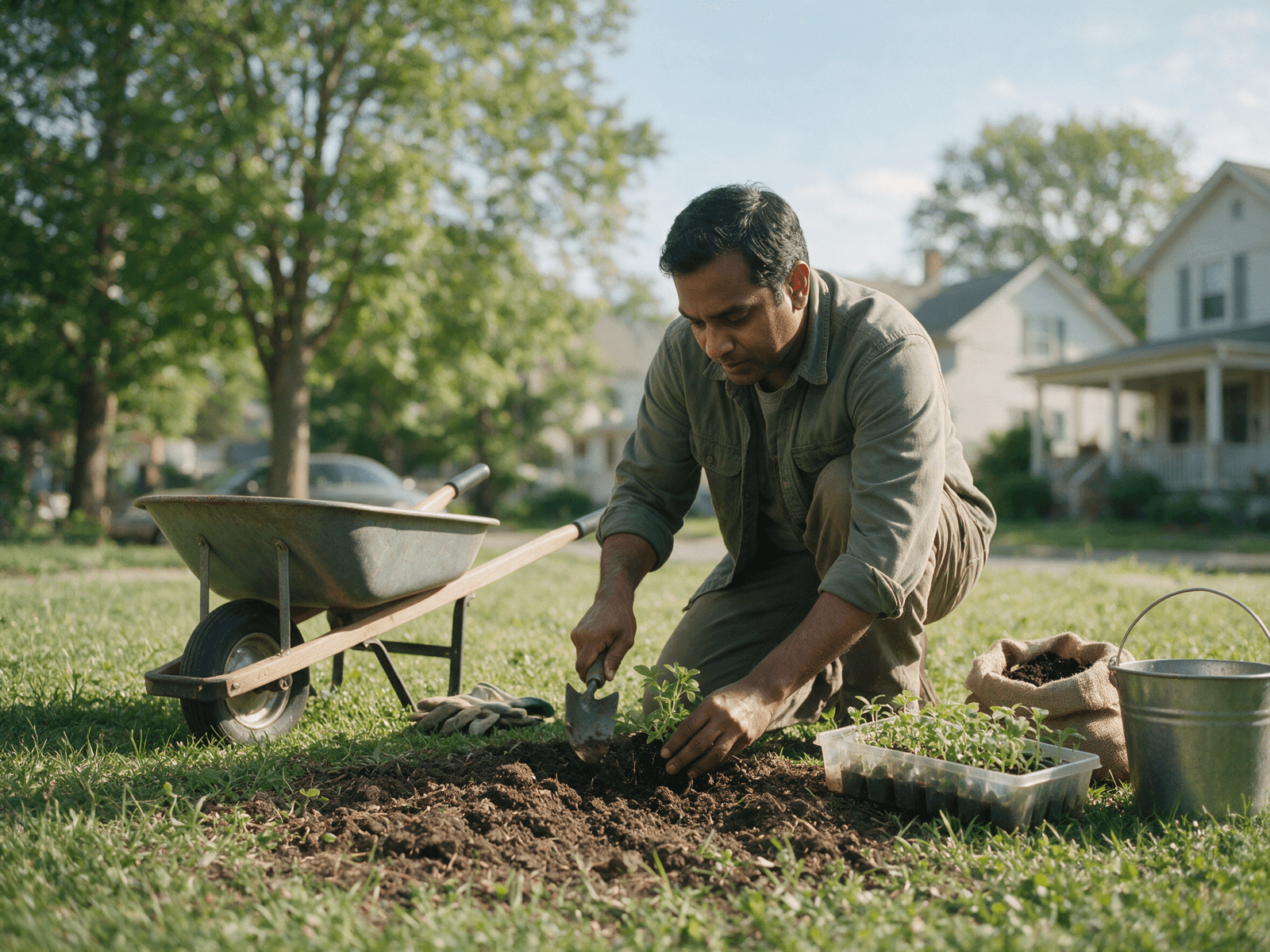 Volunteer workday supplies on grass — wheelbarrow, rakes, gloves, plant flats
